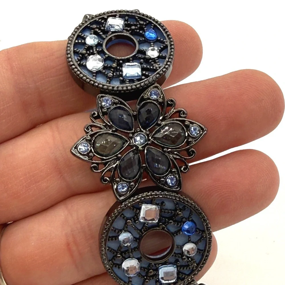 Blue Rhinestone Stretch Bracelet Black Tone Statement Floral Disc Link Boho Glam